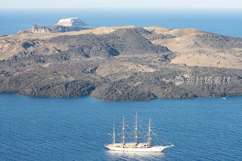 Four Mast Ship near Nea Kameni Island off Firá on Santorini Caldera, Greece